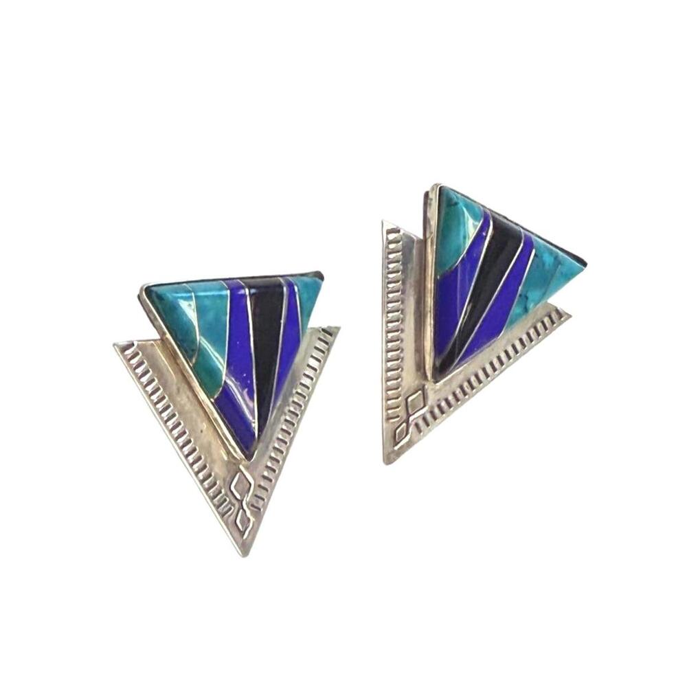 VTG SUNWEST 925 Silver Turquoise Lapis Onyx Inlay Earrings Southwestern